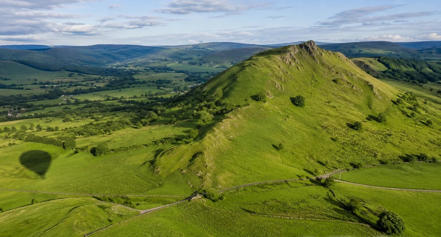 Hot air balloon over the Peak District near Chapel-en-le-Frith